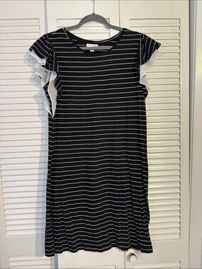 Maison Jules Black & White Striped Ruffle Sleeve Mini Dress